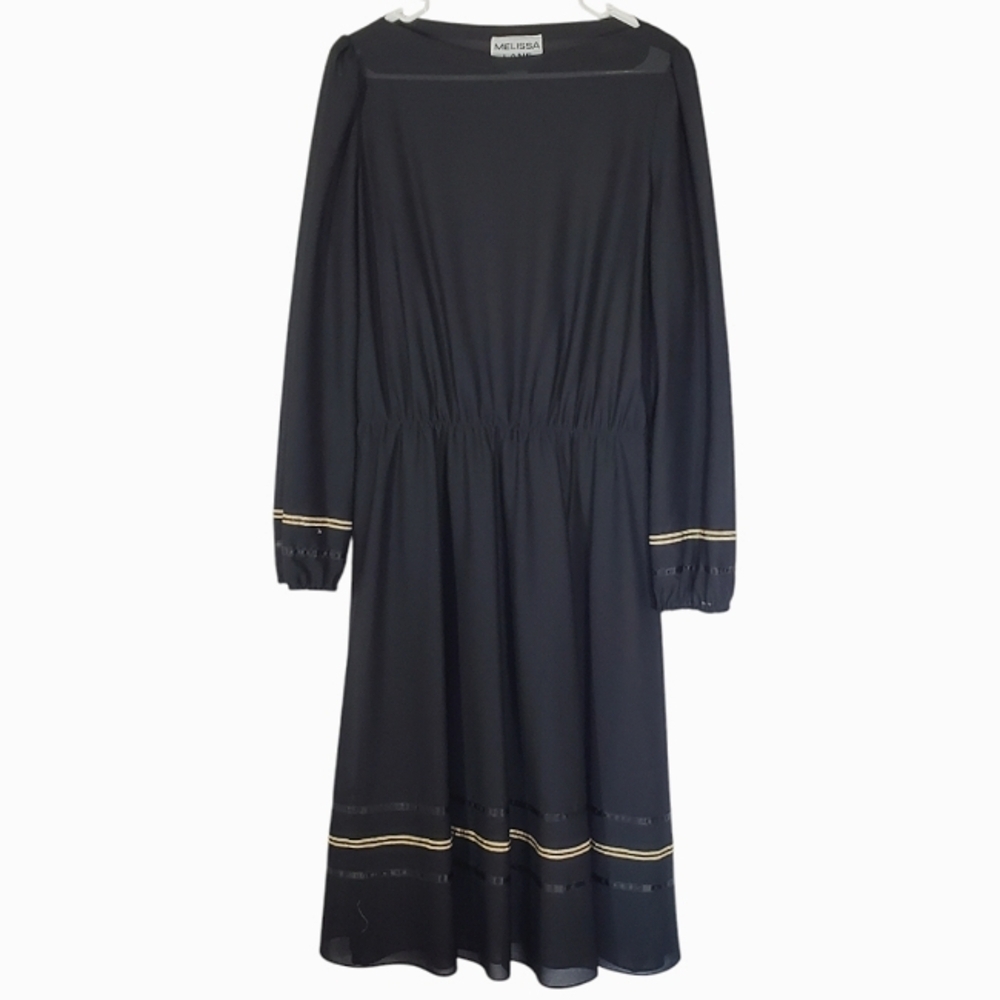 7293 * Melissa Lane Vintage 1970s Black Midi Dress Gold Trim Size 16